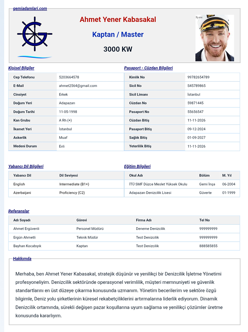 Gemi adamı cv ön sayfa örnek
